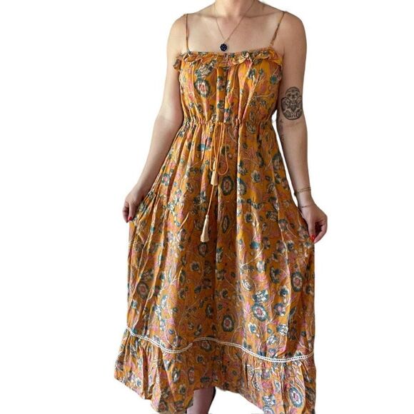 Pibita Marbella Womens Yellow Floral Spaghetti Strap Tropical Maxi Dress Sz M - Picture 5 of 6